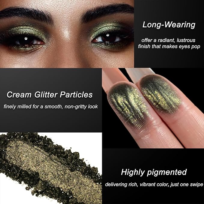 DE'LANCI Olive Green Cream Eyeshadow Shimmer, Long Lasting Highly Pigmented Metallic Green Eye Makeup, Silky Smooth Formula Easy Application Glitter Cream Emerald Eyeshadow for Older Women 01#
