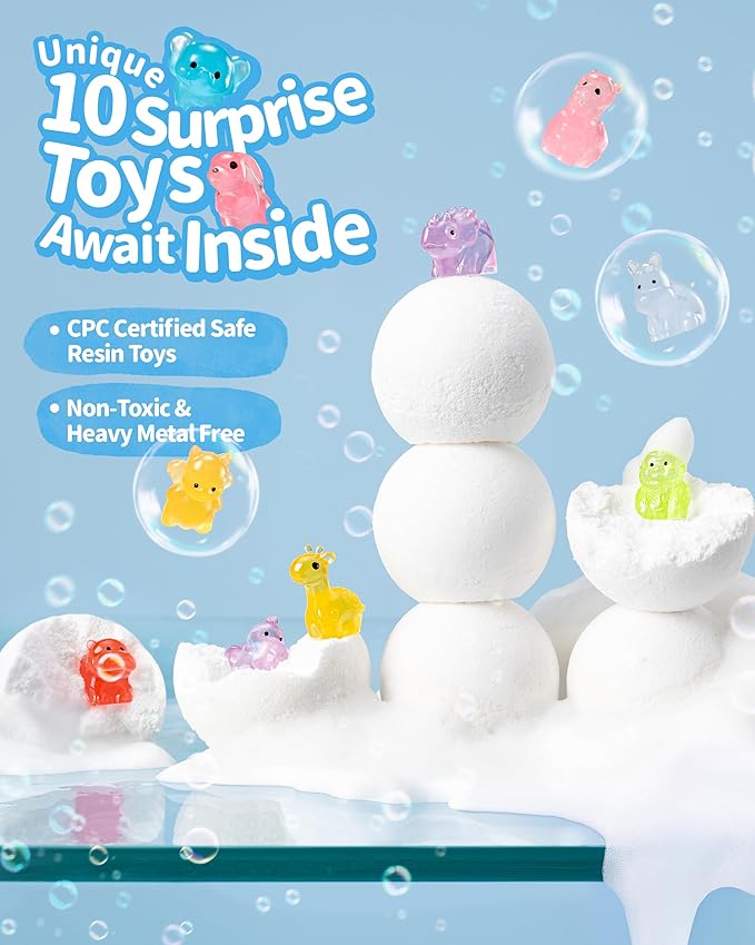 Soothing Vapor Bath Bombs for Kids with Surprise Toys Inside, Eucalyptus & Lavender Essential Oils, Dye-Free Aromatherapy Bath Fizzies, 10 Pack