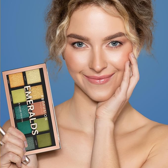 Profusion Cosmetics Emeralds 10 Shade Eyeshadow Palette – Pigmented & Blendable Green Tones, Matte & Shimmer Finishes for Versatile Eye Looks, Travel-Friendly & Cruelty Free Makeup