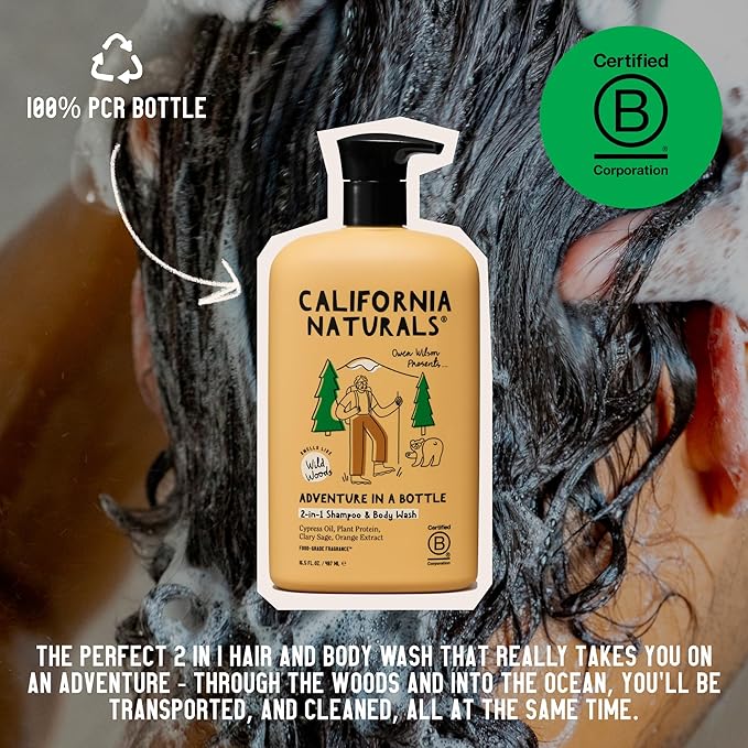 California Naturals Owen Wilson 2 in 1 Hair Shampoo and Body Wash, Wild Woods Fragrance, All Hair Types, Vegan, Natural, Cruelty, Silicone, Paraben & Sulfate Free Shampoo for Men & Body Soap, 16.5 oz