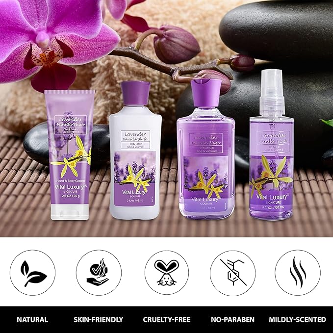 Bath and Body Gift Set, Lavender Vanilla Blush 4-Piece Skincare Collection - Lotion, Shower Gel, Hand and Body Cream, Body Mist, 3 Fl Oz Each, Holiday Gift for Her/Mom/Girlfriend/Sister