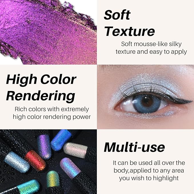 CHARMACY Duochrome Glitter Eyeshadow Stick, Chameleon Metallic Shimmer Smoky Eye Shadow, Long-Lasting Water-Resistant Formula, High Pigmented, Built-in Smudger #03