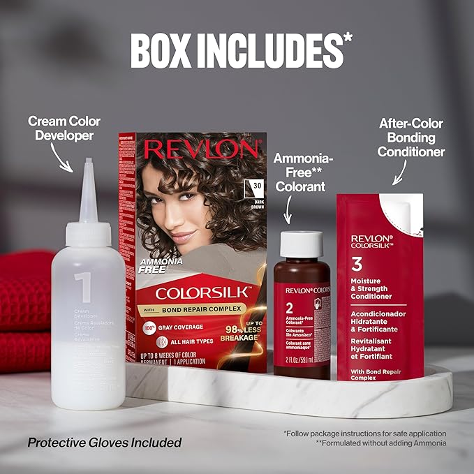 Revlon ColorSilk with Bond Repair Complex, Brown Permanent Hair Color, 100% Gray Coverage, Ammonia Free Hair Dye, Vegan Keratin, 33 Dark Soft Brown (Pack of 3)