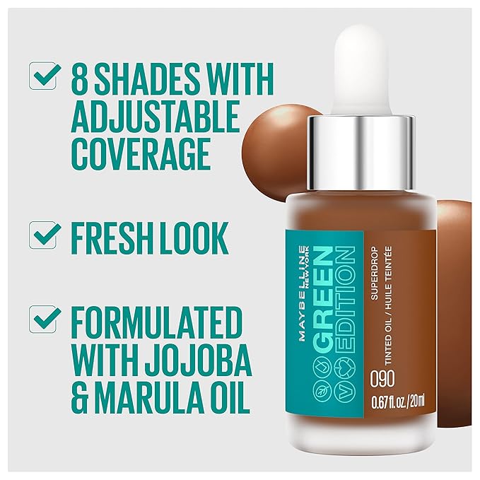 Maybelline Green Edition Superdrop Tinted Oil Base Makeup, Adjustable Natural Coverage Foundation Formulated With Jojoba & Marula Oil, 35, 1 Count