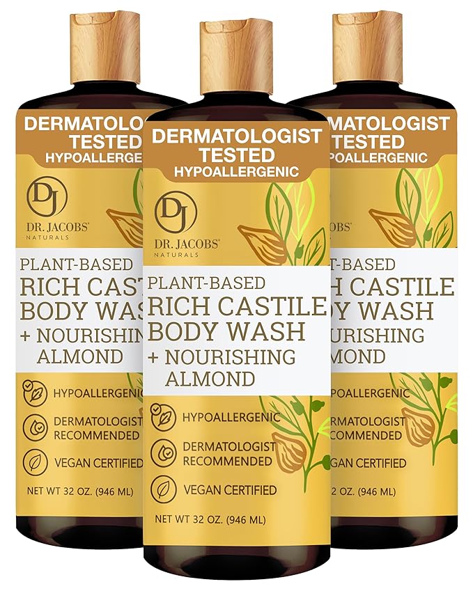 Dr. Jacobs Naturals Pure Castile Soap Liquid Body Wash, Almond - Plant Based Castile Soap Infused with Vitamin E and Aloe Vera to Moisturize Dry and Sensitive Skin - Made in The USA - 32 oz, Pack of 3