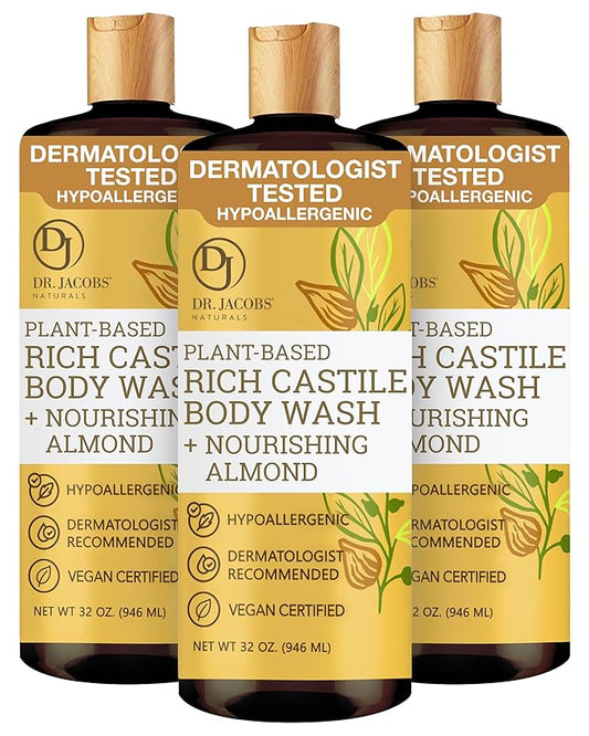 Dr. Jacobs Naturals Pure Castile Soap Liquid Body Wash, Almond - Plant Based Castile Soap Infused with Vitamin E and Aloe Vera to Moisturize Dry and Sensitive Skin - Made in The USA - 32 oz, Pack of 3