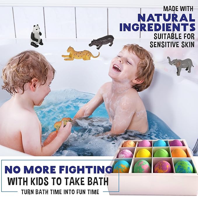Bath Bombs for Kids with Surprise Inside- 12 pk Kids Bath Bombs with Jungle Toys, Organic, Natural, Skin-Moisturizing Bubble BathBombs. Birthday Gifts, Easter Basket Essentials for Boys, Girls, Kids