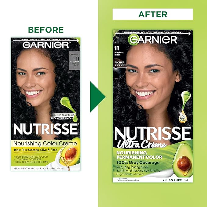 Garnier Nutrisse Ultra Crème Hair Color, Permanent Hair Dye with 100% Gray Coverage, Vegan & Cruelty-Free, 11 Blackest Black (Peppercorn), 2 Count