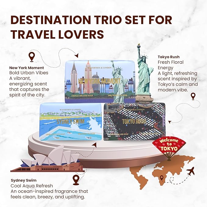 Wavertree & London Scents of Adventure Soap Trio Gift Set (Set of 3) – Travel-Inspired Scented Natural Soap Bars for Women & Men, Moisturizing Triple-Milled Bath Soap Bars Enriched with Shea Butter