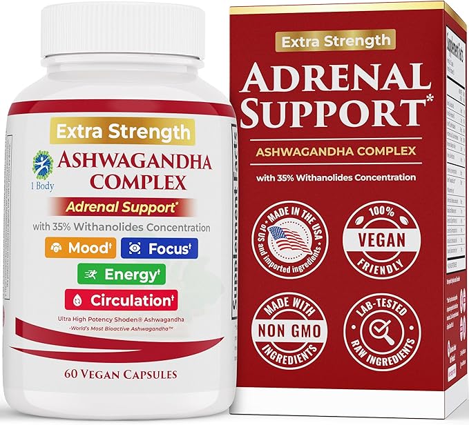 Ashwagandha Complex Adrenal Support Supplement for Stress Relief, Cortisol Balance, Energy & Focus, Mood Support, 35% Withanolides, 60 Vegan Capsules