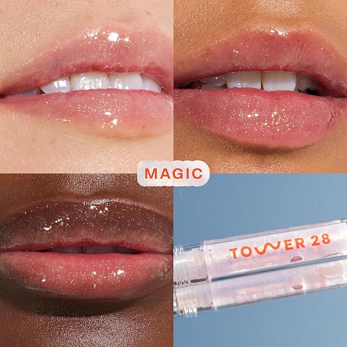 Tower 28 ShineOn Lip Gloss Jelly - Hydrating Lip Balm + Shimmery Gloss for Sensitive Lips - Non-Sticky + High-Shine Jelly Formula with Nourishing Oil Blend - Magic - Gold Shimmer (0.13)