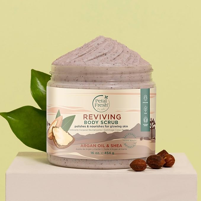Petal Fresh Argan Oil & Shea Body Scrub, Pure Reviving, Natural, Gently Exfoliating, Daily Skincare, Vegan and Cruelty Free,16 oz