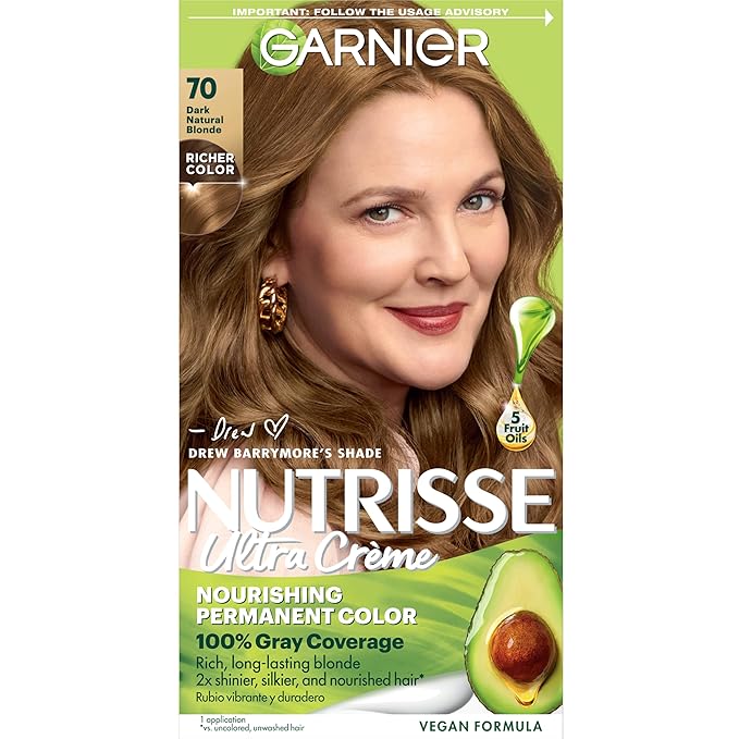 Garnier Nutrisse Ultra Crème Hair Color, Permanent Hair Dye with 100% Gray Coverage, Vegan & Cruelty-Free, 70 Dark Natural Blonde (Almond Crème), 1 Count