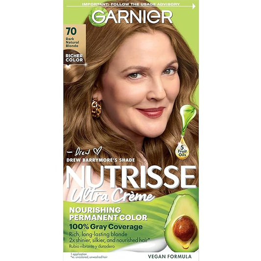 Garnier Nutrisse Ultra Crème Hair Color, Permanent Hair Dye with 100% Gray Coverage, Vegan & Cruelty-Free, 70 Dark Natural Blonde (Almond Crème), 1 Count