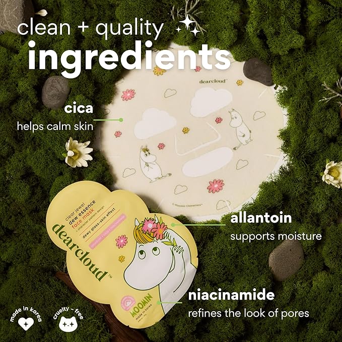 dearcloud Moomin' Clear Jewel Dew Essence Face Mask, Korean Sheet Mask - Allantoin, Niacinamide & Cica (3 Count)