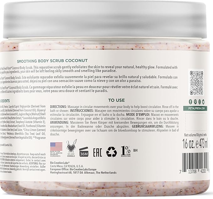 Petal Fresh Coconut Body Scrub, Smoothing Body Pudding, Natural, Gently Exfoliating, Daily Skincare, Vegan and Cruelty Free, 16 oz
