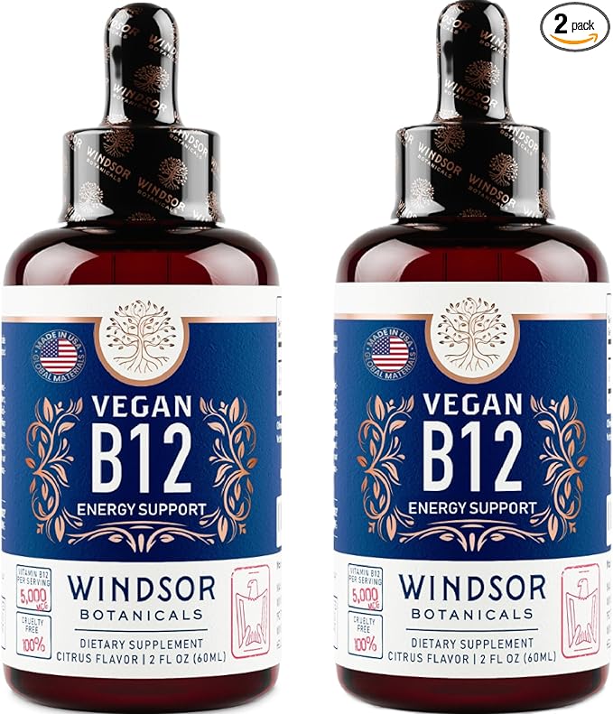 2-PACK Vegan Vitamin B12 Liquid - Max Strength Methylcobalamin B12 Sublingual 5000 mcg - Fast Absorbing Supplement for Mood, Memory and Energy - Non-GMO, Gluten-Free, Citrus Flavor B 12 Drops, 4oz