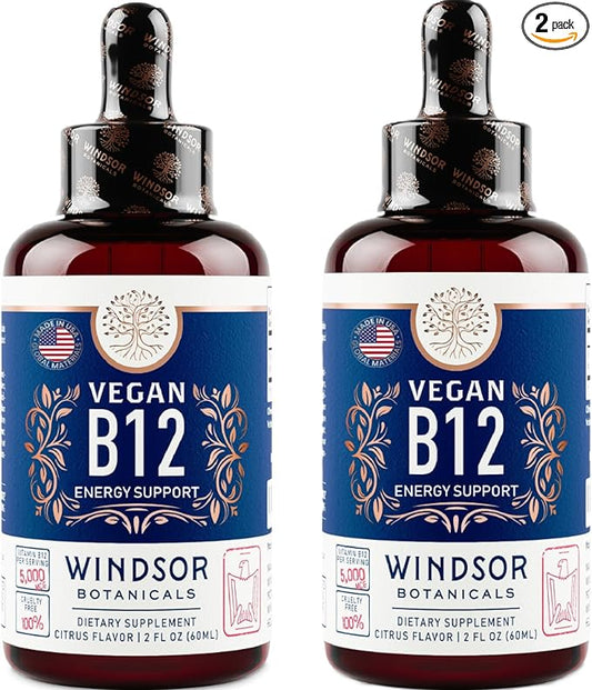 2-PACK Vegan Vitamin B12 Liquid - Max Strength Methylcobalamin B12 Sublingual 5000 mcg - Fast Absorbing Supplement for Mood, Memory and Energy - Non-GMO, Gluten-Free, Citrus Flavor B 12 Drops, 4oz