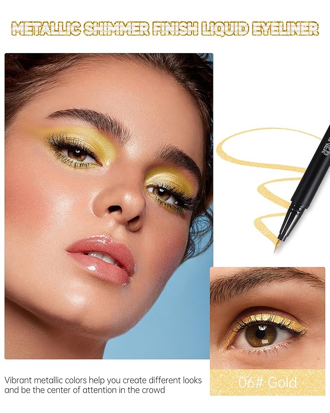 Glitter Liquid Gold Eyeliner, Diamond Shimmer Eye Liner Long-Stay Waterproof, Metallic Satin Finish Colored Eyeliner Pen, Ultra-Fine Tip, High Pigmented Smudge-Proof Eye Makeup for Party Festival-06