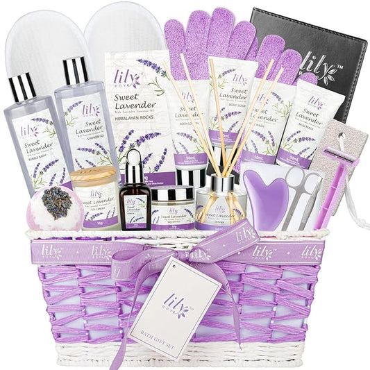 Mothers Day Gifts for Mom Spa Gift Set for Women - 22 Piece Lavender Luxury Bath & Body Basket with Bath Bomb | Spa Bath Gift Set for Birthday Gifts, Valentines Day Gift, Christmas Gift for women