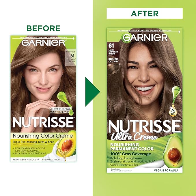 Garnier Nutrisse Ultra Crème Hair Color, Permanent Hair Dye with 100% Gray Coverage, Vegan & Cruelty-Free, 61 Light Extra Ash Brown (Mochaccino), 2 Count