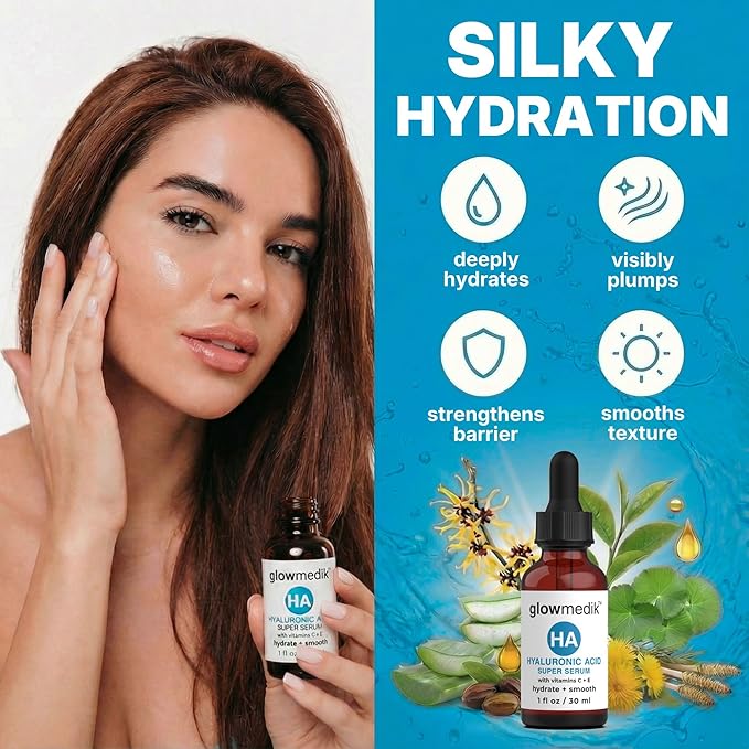 Glowmedik Hyaluronic Acid Serum for Face with Vitamin C & E - Hydrating Face Serum for Dry Skin, Fine Lines & Wrinkles - Vegan Facial Moisturizer for Women, 1 fl oz 30ml