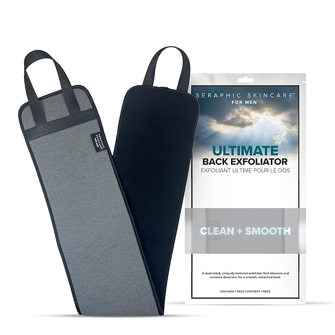 Seraphic Skincare Men Ultimate Premium Back Exfoliator – Dual-Sided Back Scrubber for Men, Double Side for Deep Exfoliation, Mesh & Washcloth Side for Cleansing - Dead Skin Removal & Self Tanner