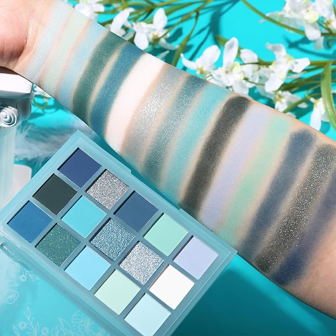 UCANBE 15 Color Eyeshadow Palette – Shimmer Matte Glitter Metallic Cool Tones Shades in White, Blue, Green, Mint, Teal, Navy – High Pigmented Blendable Eye Makeup Palette Kit