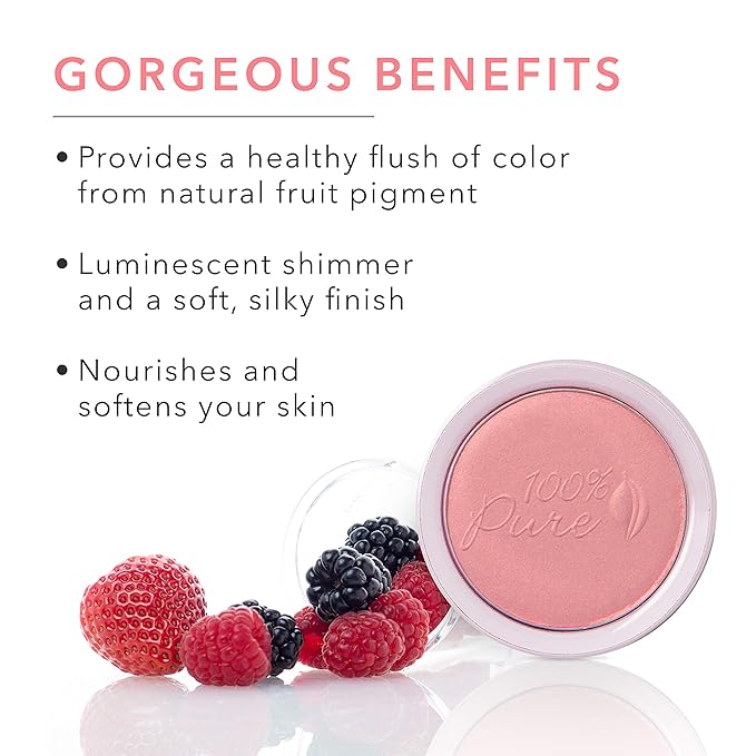 100% PURE Powder Blush (Fruit Pigmented), Chiffon, Soft Shimmery Finish, Nourishes Skin w/Rosehip Oil, Cocoa Butter, Natural Makeup (Soft Pink) - .32 oz