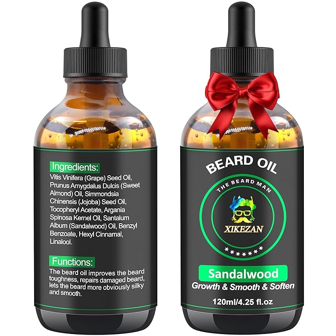 XIKEZAN Beard Oil,Beard Oil for Men,120ml/4.25 OZ Large Volume Sandalwood Natural Beard Growth Oil,Promote Beard Care Growth Mustaches Soften Strength Leave in Conditioner,Unique Gifts for Men Him Dad