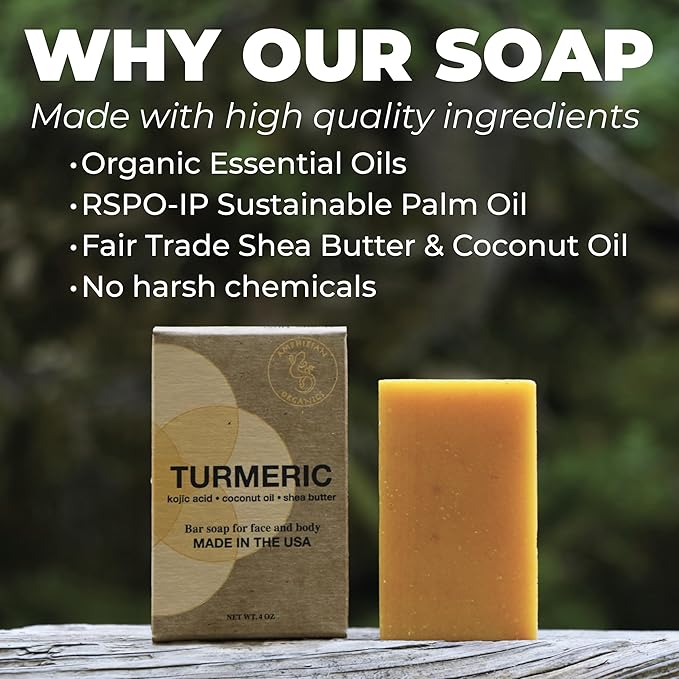 Turmeric Kojic Acid Soap Bar with Coconut Oil, Shea Butter & Essential Oils – Handcrafted in USA, Vegan Natural Face & Body Bar for All Skin Types, 4oz