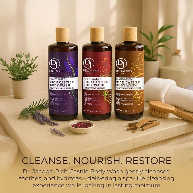 Dr. Jacobs Naturals Pure Castile Soap Liquid Body Wash, Sandalwood - Plant Based Soap Infused with Vitamin E and Aloe Vera to Moisturize Dry and Sensitive Skin - Made in The USA - 32 oz, Pack of 3