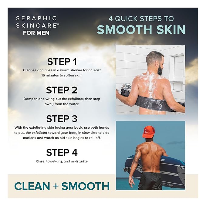 Seraphic Skincare Men Ultimate Premium Back Exfoliator – Dual-Sided Back Scrubber for Men, Double Side for Deep Exfoliation, Mesh & Washcloth Side for Cleansing - Dead Skin Removal & Self Tanner