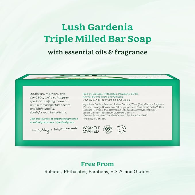 SoF Triple Milled Bar Soap - With Coconut Oil & Organic Shea Butter- Vegan & Non GMO- Free From Phthalates, Sulfates & Parabens- Lush Gardenia - 6 oz Bar 6 Bars