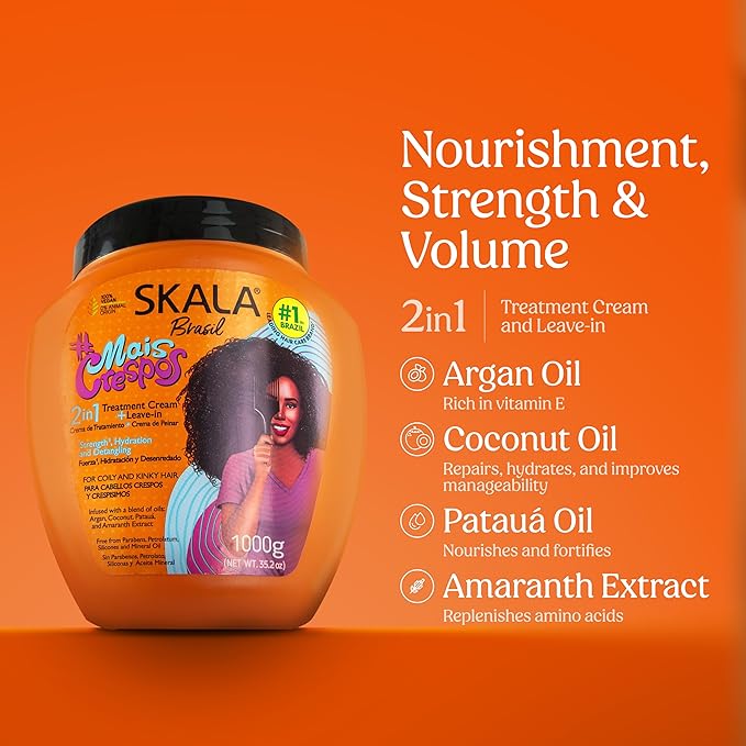 SKALA Mais Crespos 2 in 1 Treatment Cream & Leave In Conditioner for Coily & Kinky Hair, Vegan, Deep Hydration & Detangling Mask, Infused with Argan Oil, Coconut, Patauá & Amaranth Extracts, 1000g