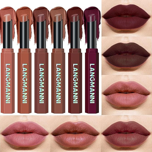 Jolilab 6Pcs Velvet Matte Lipstick Nude Matte Soft Dark Color Stick High Pigmented Long-Lasting Waterproof Lip Stick Lip Balm Beauty Cosmetics Gift for Women(Curated Set B)