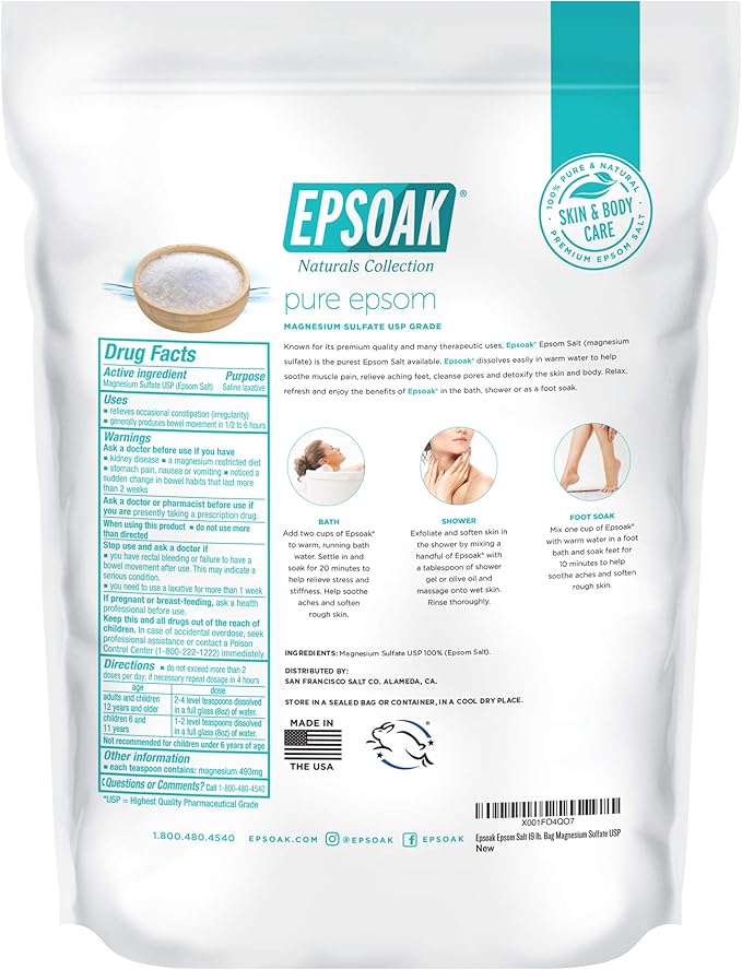 Epsoak Epsom Salt 19 lb. Magnesium Sulfate USP. Resealable Epsom Salt Bag Unscented, Made in The USA, Cruelty-Free Certified