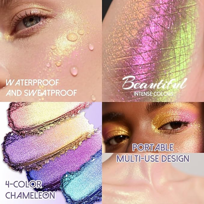 CHARMACY 4 Colors Chameleon Eyeshadow & Highlighter Palette - Shift-Infused Multichrome Pressed Pigments, Long-Lasting Velvet Finish, Vegan & Cruelty-Free Makeup Kit #04