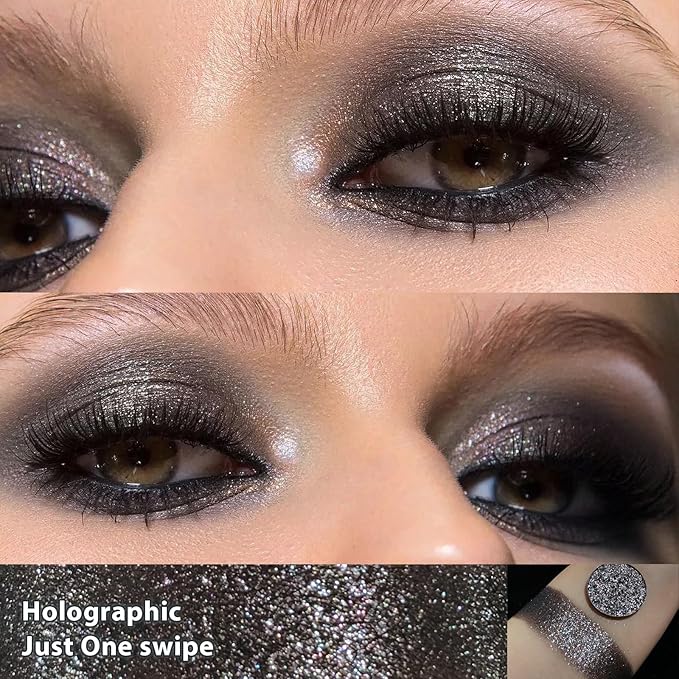 Black Glitter Eyeshadow - Highly Pigmented Iridescent Holographic Black Eye Shadow for Sensitive Eyes, Soft Sparkly Smokey Eyeshadow, Long Lasting Multichrome Diamond Shimmer Pressed Eye Shadow, #36H