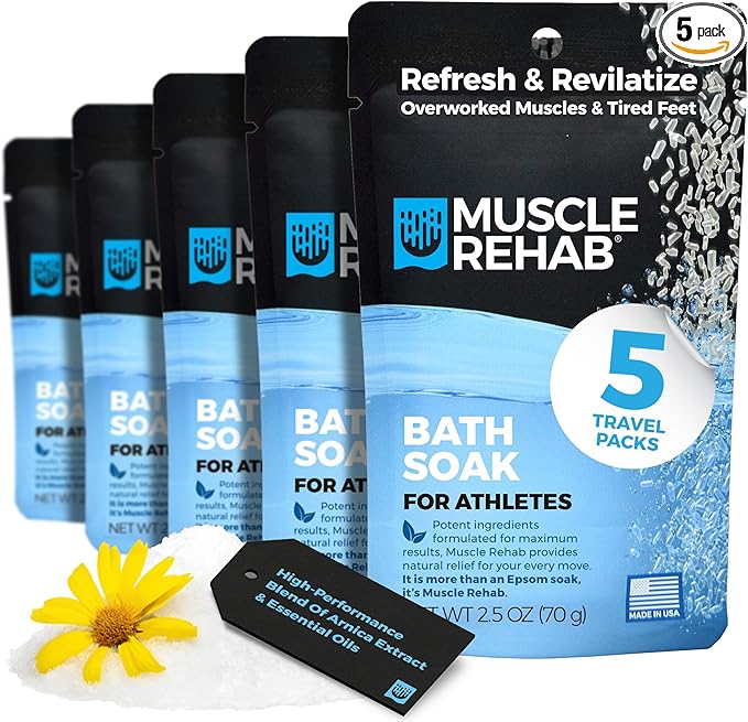 Epsom Salt Bath Soak 5 Travel Packets - with Arnica and Magnesium for Muscle Pain Relief - Portable Foot Soak for Athletes and Active Recovery