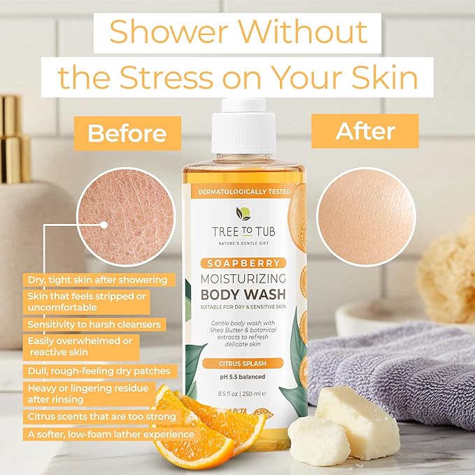 Tree to Tub Citrus Body Wash for Dry Skin & Sensitive Skin - pH Balanced Moisturizing Body Wash, Hydrating Sulfate Free Body Soap for Women & Men