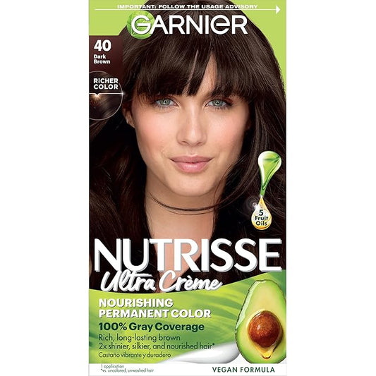 Garnier Nutrisse Ultra Crème Hair Color, Permanent Hair Dye with 100% Gray Coverage, Vegan & Cruelty-Free, 40 Dark Brown (Dark Chocolate), 1 Count