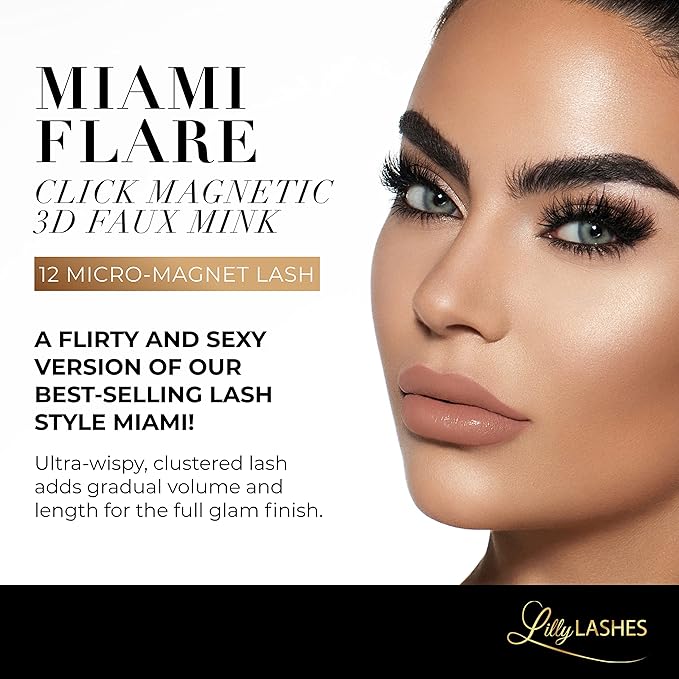 Lilly Lashes Click Magnetic Eyelashes - Miami Flare Magnetic Faux Mink Lashes for a Natural Look - False, Wispy Magnet Eyelashes - Vegan Makeup Lash Extension - Magnetic Eyelashes Without Eyeliner