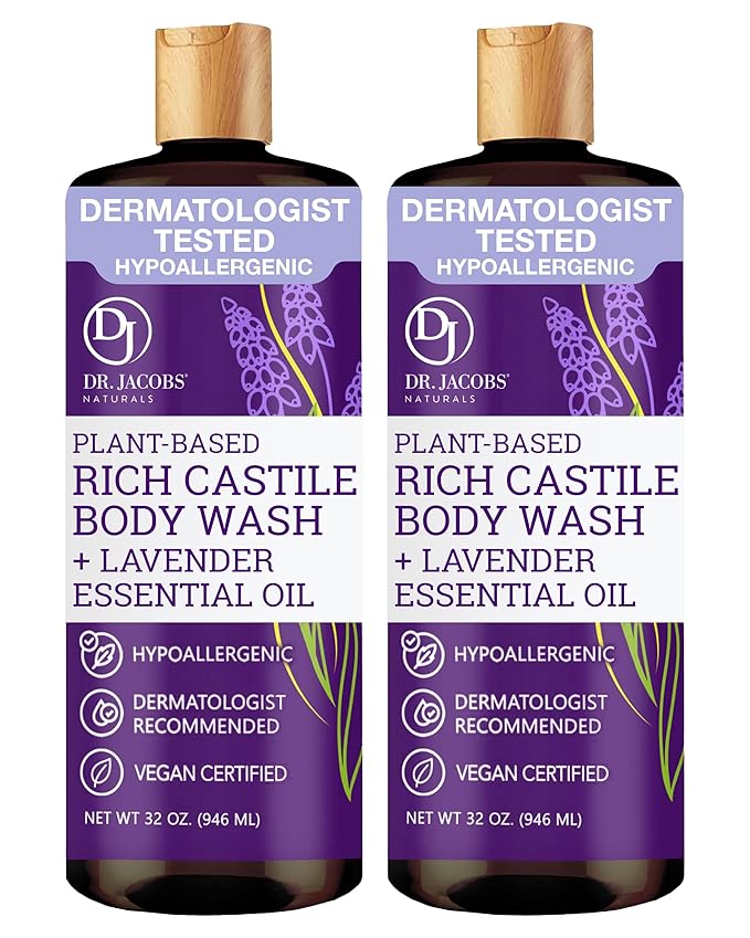 Dr. Jacobs Naturals Pure Castile Soap Liquid Body Wash, Lavender - Plant Based Soap Infused with Vitamin E and Aloe Vera to Moisturize Dry and Sensitive Skin - Made in The USA - 32 oz, Pack of 2