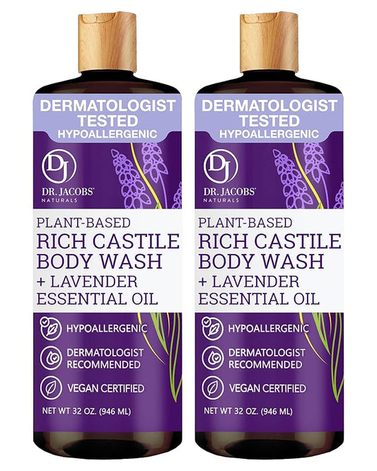Dr. Jacobs Naturals Pure Castile Soap Liquid Body Wash, Lavender - Plant Based Soap Infused with Vitamin E and Aloe Vera to Moisturize Dry and Sensitive Skin - Made in The USA - 32 oz, Pack of 2