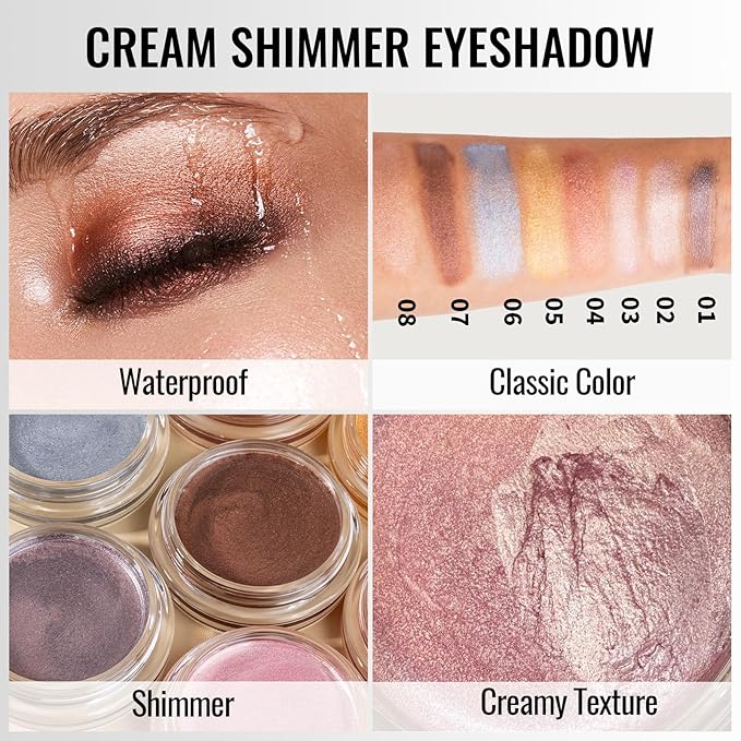 Erinde Shimmer Cream Eyeshadow, Highlighter Creme Eye Shadow Palette, Waterproof Long Lasting, Soft Shimmer Glitter Eye Brightener Makeup,Vegan & Cruelty, 08 Rose Gold
