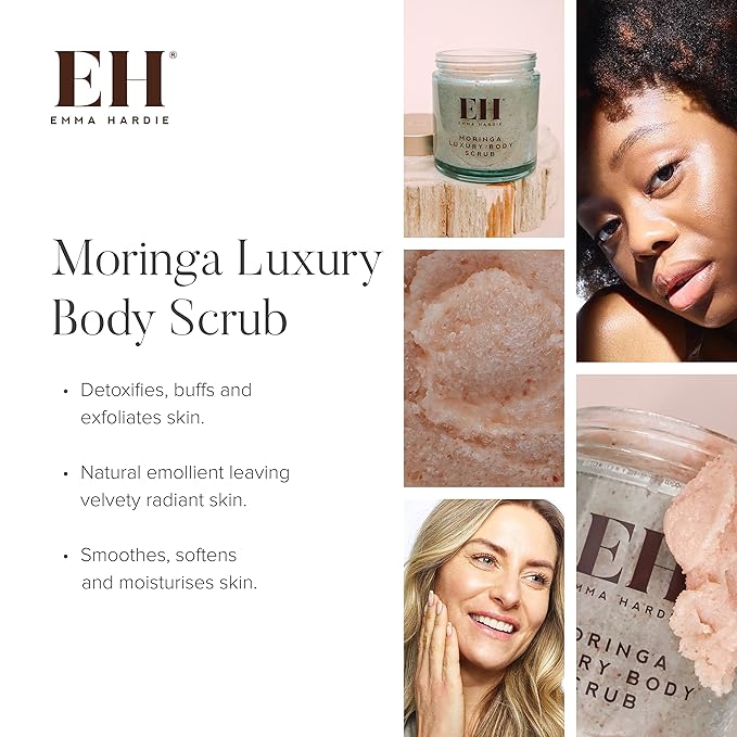 Emma Hardie 350g Moringa Luxury Body Scrub with Himalayan Pink Salt, Moringa and Sweet Almond Oil, Detoxifies and Exfoliates Skin, For All Skin Types, Vegan & Cruelty Free
