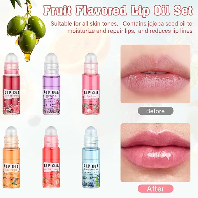 6Pcs Roll On Lip Gloss Set，Mini kids Lip Gloss Fruit Flavored，Moisturizing Lip Oil Make up for Teens and Girls，Hydrating Long Lasting Glossy,Christmas Party Favors Gift，Vegan & Cruelty-Free