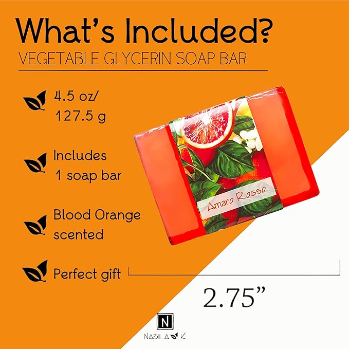 Glycerin Bar Soap Amaro Rosso Scent - Natural, Vegan-Friendly, Hypoallergenic - Moisturizing and Hydrating with 100% Vegetable Glycerin - Sulfate-Free, Paraben-Free, Chemical-Free - 4.5 oz