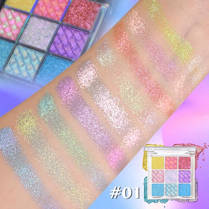 Multichrome Eyeshadow Palette,9 Color Change Glitter Chameleon Eye Shadow,High Pigmented Waterproof Long-Lasting 100% Vegan Cruelty Free Duo Chrome Eye Makeup For Women (#01)